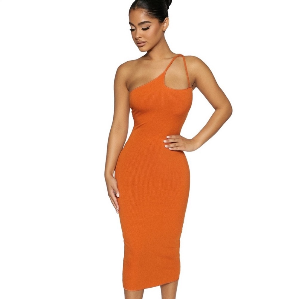 Naked Wardrobe One-Shoulder Orange Midi Dress